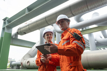 Two industrial engineers in orange safety uniforms and hard hats are inspecting pipeline systems using a digital tablet. Fieldwork, safety, and teamwork at an energy or oil gas facility.
