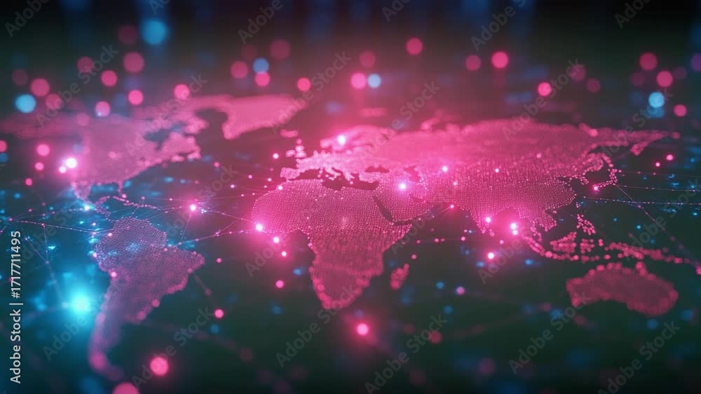 Aufkleber global connection: a network of interconnected dots illuminates the world map, with vibrant colors s