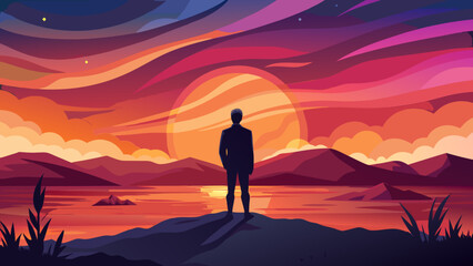 Vector art of a man standing on a hill watching the sunset over the water, with mountains in the background and a colorful sky with clouds and stars