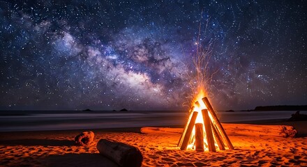 A vibrant bonfire illuminates a sandy beach under a spectacular night sky filled with a brilliant milky way.