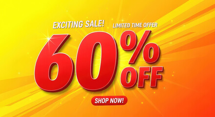 Bold promotional banner featuring vibrant colors and dynamic design elements, showcasing a 60% discount offer with a call to action for immediate shopping engagement