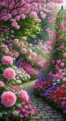 A picturesque pathway winds through a vibrant garden bursting with colorful flowers, including roses, in various shades of pink, purple, and magenta.