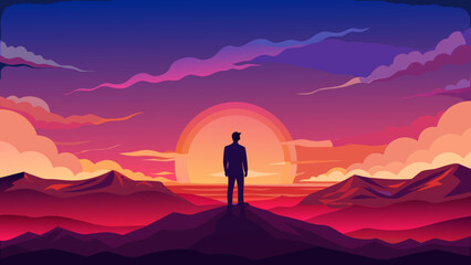 Vector art of a silhouette of a man standing on a hill, watching the colorful sunset over the mountains, with clouds and a vibrant sky creating a peaceful scene