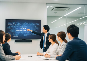 モダンなオフィスの会議室でDX化について話し合う風景