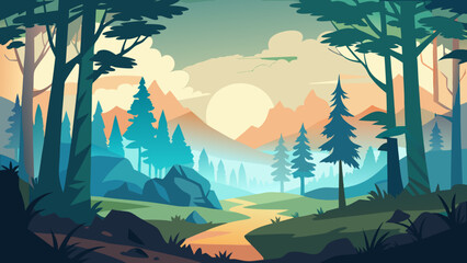 Vector art of a serene landscape illustration featuring a winding river through a forest with mountains in the background and a warm, inviting color palette