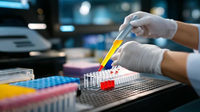 A technician prepares DNA samples for editing in a molecular biology lab with microcentrifuges spinning tubes labeled a thermal cycler running and gloves stacked neatly shown