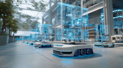 Obraz premium Autonomous robotic units with holographic interfaces operate in a modern industrial facility