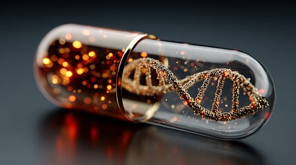 Luminous DNA structure resides within a golden edged capsule against a dark background