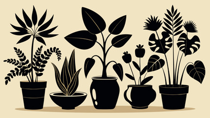 Vector art of a collection of five potted plants with various leaf shapes and sizes in silhouette