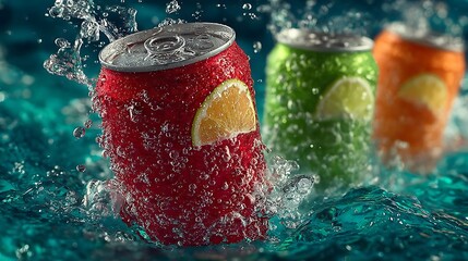 Red beverage can with citrus slice splashing into clear blue water with blurred cans behind