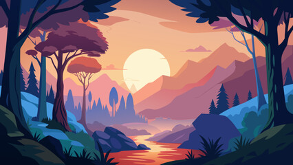 Vector art of a serene vector landscape featuring a vibrant sunset over mountains, with trees silhouetted against the colorful sky, creating a peaceful scene