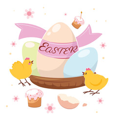 Chickens, Easter eggs, cakes, vector postcard on a white background