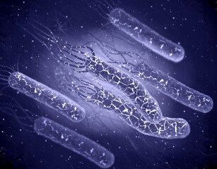 Medical background, dangerous to health and life pathogenic bacteria Vibrio cholerae, the causative agent of cholera disease, 3D rendering