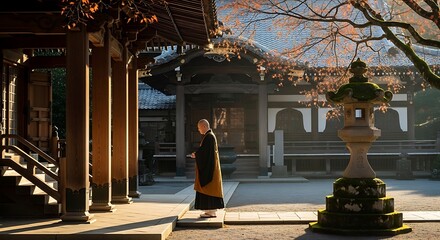 A serene monk stands in a tranquil Japanese temple courtyard, bathed in the soft morning light.