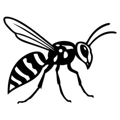 Black silhouette illustration of a wasp with detailed wings and striped abdomen. It can be used in logo design, tattoo concepts, warning signs, educational materials about insects, and themed graphic.