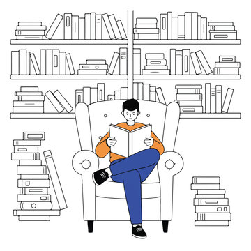 A person comfortably reading a large book while seated in a cozy library armchair, surrounded by bookshelves, depicted in a simplified flat 2D vector illustration on a clean white background.