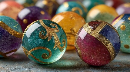 Shimmering decorative orbs adorned with golden details sit attractively against a textured stone surface