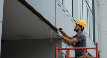 A construction worker in a hard hat works on a modern building facade from scaffolding. Professional tradesman performing exterior maintenance and repair.