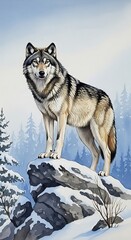 A majestic gray wolf stands proudly atop a snow-covered rock formation, its gaze fixed on the viewer, against a backdrop of a winter forest.