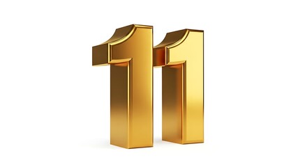 Three-dimensional, polished gold numerals eleven, presented against a plain white background.