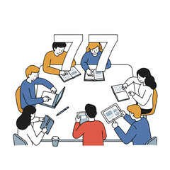 Diverse students collaborate around a table, engaged in a brainstorming session with open books and a tablet in this vibrant 2D flat vector illustration on a clean white background.