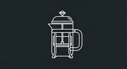 A detailed line drawing of a french press coffee maker against a dark background.