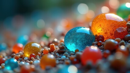 Vibrant Microscopic Sample of Colored Gel-like Beads on Surface