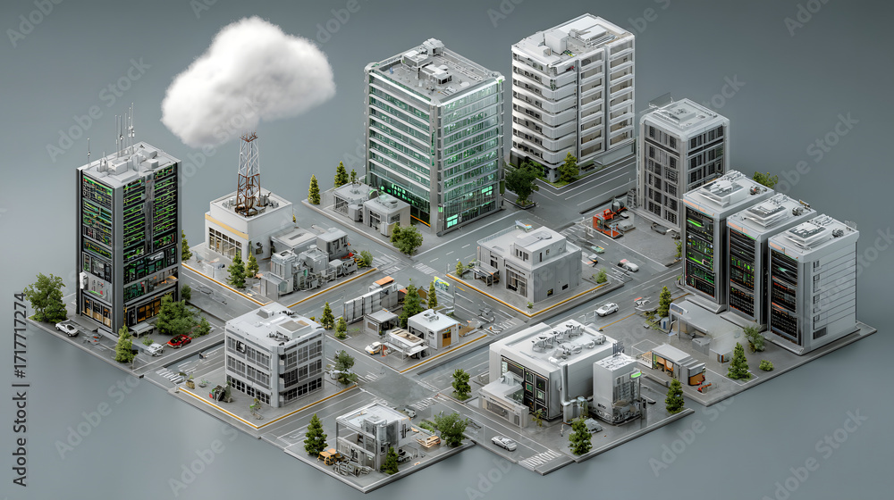 Poster cloud computing network infrastructure: data center and server room illustration