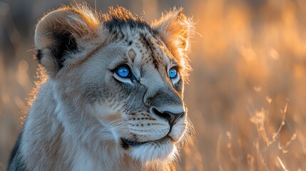 Obraz premium A blue eyed lion cub gazes thoughtfully as golden sunlight warms the grasslands