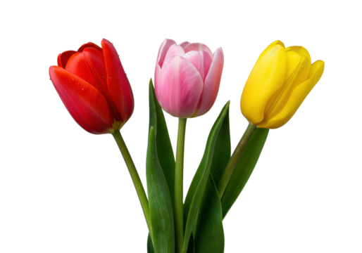 Red, pink, and yellow tulips with dewdrops, green stems, and leaves, in a tight cluster on a seamless transparent background, high key studio lighting, no shadows, concept of pristine botanical beauty