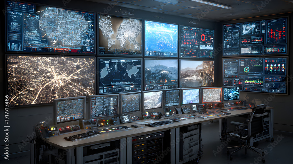 Aufkleber high-tech control room with multiple monitors displaying data, maps, and analytics, symbolizing surv