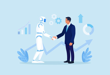 Handshake human and android. Contract with ai robot, technology professional partnership. Businessman and artificial intelligence shaking hands. Future cooperation, technology Advance, innovation