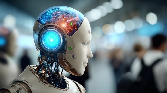 AI Cyborg with Brain in Focus: A futuristic AI cyborg, its face exuding thought and technological advancement, standing within a bustling industrial environment.