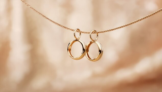 Two delicate gold rings dangle from a fine cord against a soft, muted backdrop.