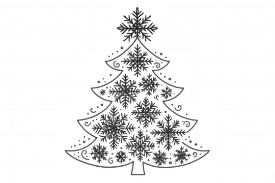 Christmas tree outline creating a winter holiday design with snowflake ornament decorations on transparent background