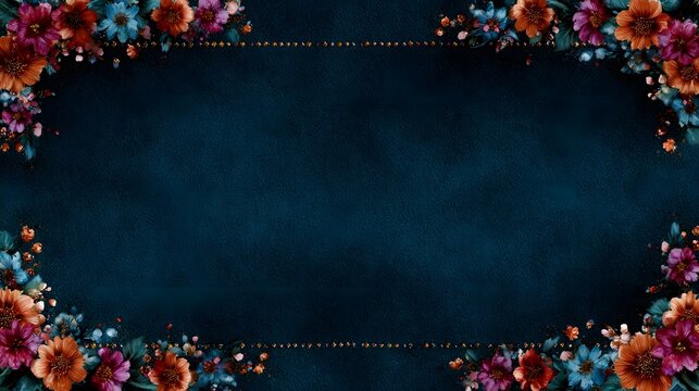 A decorative floral border featuring vibrant flowers and gold accents on a dark textured teal background with a central space for text