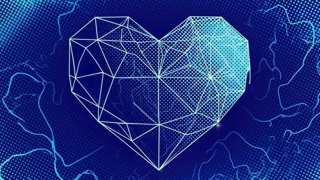 Geometric heart shape in a digital style against a blue abstract background with flowing lines