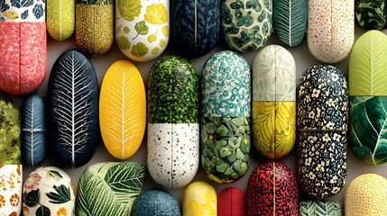 Varied pattern capsules featuring leaves, flowers, and spots are arranged closely together in a textured scene