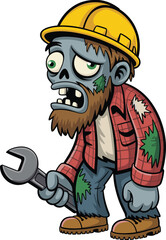 Zombie construction worker cartoon, undead builder with wrench, horror character, Halloween theme, creepy job illustration, vector monster, scary labor design