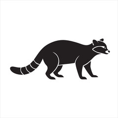  Black silhouette of a raccoon with a striped tail on a white background animal wildlife