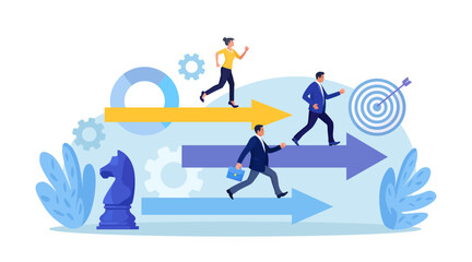 Business people compete running on arrows. Business competition. Contest or rivalry against competitors to increase sales. Career success or achievement. Skill or effort to succeed in work, motivation