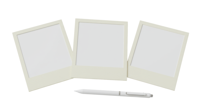 Three empty instant photo frames, classic Polaroid style, beige borders, and a sleek metallic stylus pen, precisely arranged on a seamless transparent background. Minimalist product display concept