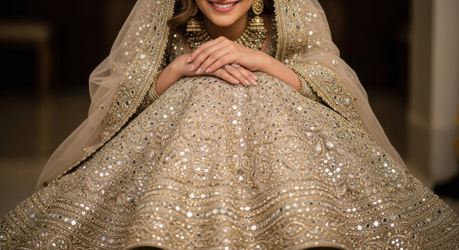 young beautiful indian woman wearing traditional attire lehenga choli and golden jewelry