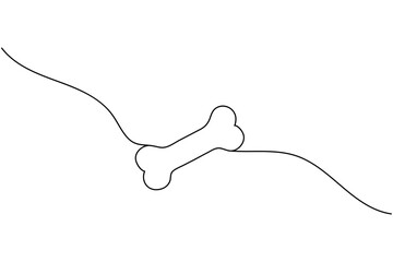 Single black line drawing of a dog bone with curved lines on a white background single line art