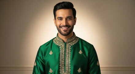 Obraz premium Young handsome indian man wearing traditional attire and standing confidently