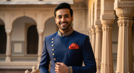 Fototapeta premium Young handsome indian man wearing traditional attire and standing confidently