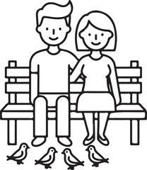 Couple watching pigeons on bench icon
