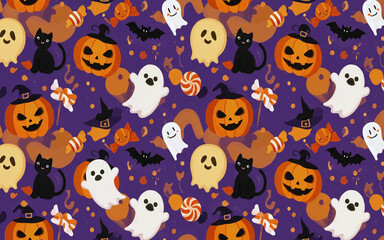 Cute Black Cat Halloween Seamless Illustration Pattern Background with Pumpkins, Ghosts, and Playful Festive Details
