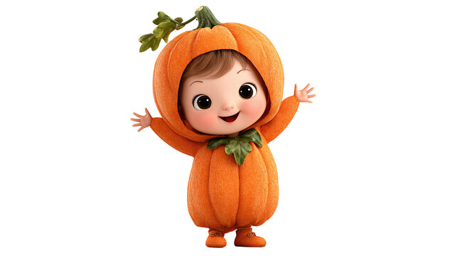 Smiling child in pumpkin costume celebrating Halloween, playful cartoon character, isolated on transparent background 
