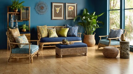 Obraz premium Stylish and Cozy Living Room with Rattan Furniture, Blue Accents, and Indoor Plants for Modern Home Decor Inspiration